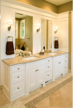 Large renovated vanity area with two sinks and mirrors, and several drawers and cabinets