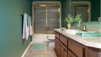 Green standard, renovated bathroom with large vanity, toilet, and bathtub/shower unit